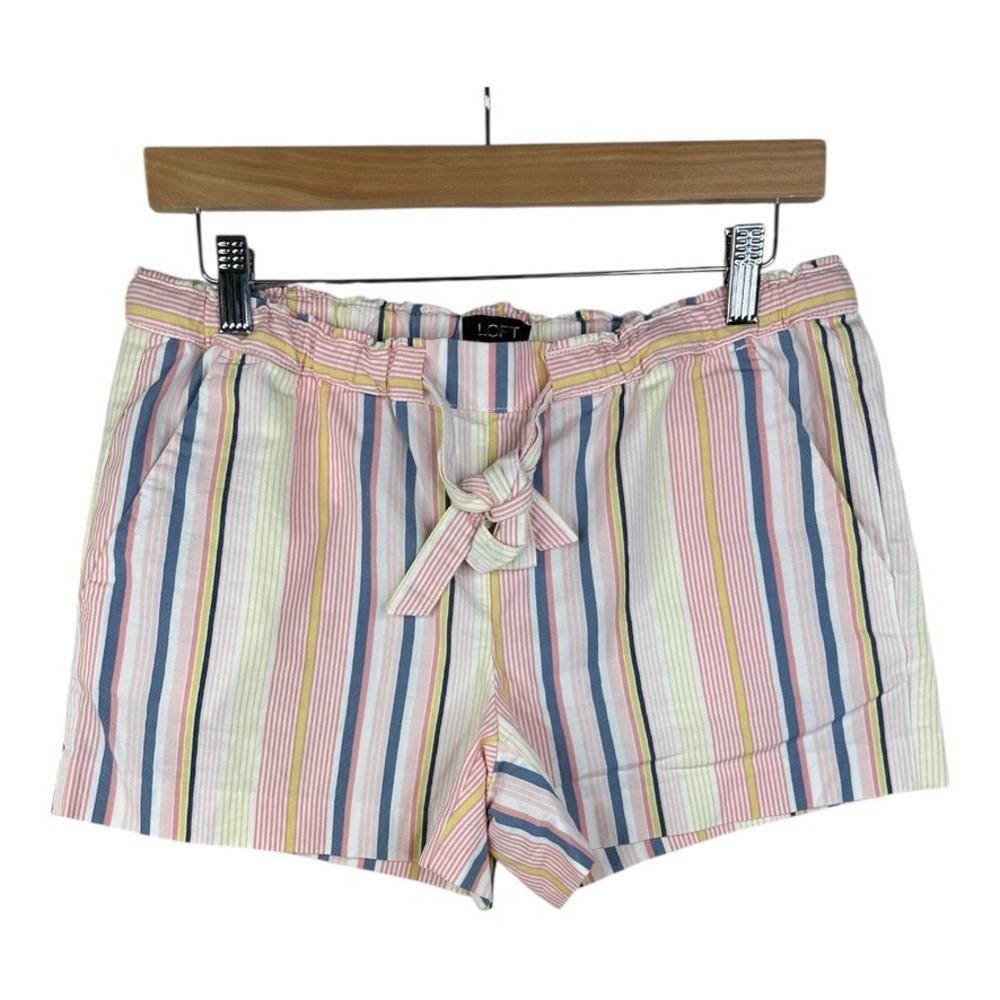LOFT Women's Shorts Pull On Pockets Tie Waist Striped Pastel Pink XS